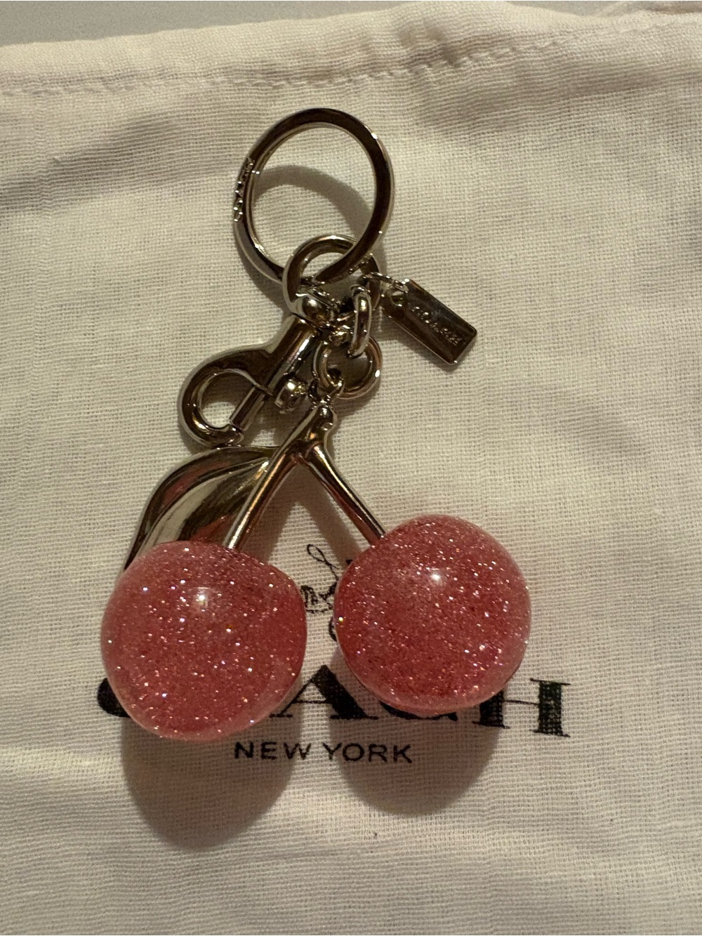 Coach Pink Glitter Cherry Bag Charm / Keychain w/ Dust Bag